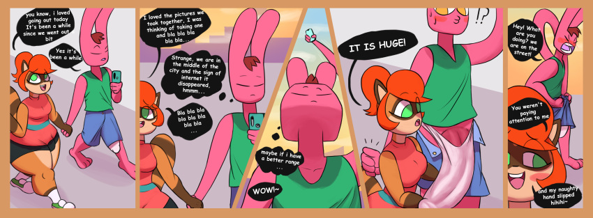 absurd_res anthro big_penis blush breasts brown_body clothing comic duo english_text genitals green_eyes gwen_(jovi_cap) hair hi_res huge_cock intersex intersex/male jovi_cap jovi_cap_(oc) lagomorph leporid male mammal orange_hair penis pink_body procyonid rabbit raccoon red_hair text yellow_eyes