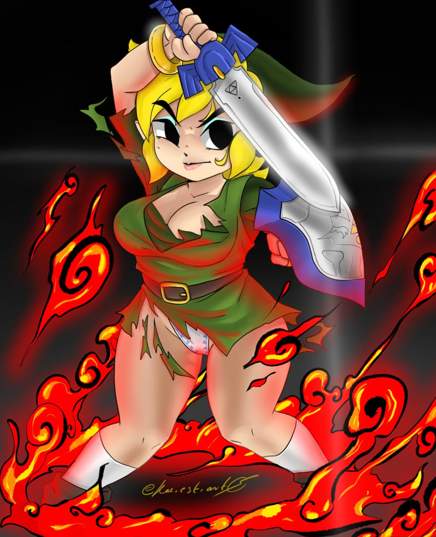 adult blonde_hair breasts clothing female fire footwear heart_symbol holding_breast hylian kae-est_art link linka lipstick looking_at_viewer mascara medium_breasts nintendo pale_skin panties rule_63 shield skirt tagme the_legend_of_zelda the_wind_waker toon_link toon_linka torn_clothes wind_waker