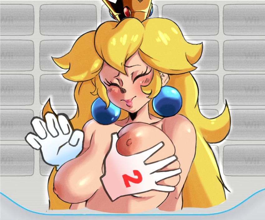 1girls blush breast_grab breasts female groping mario_(series) nude princess_peach princesskari tagme wii wii_remote