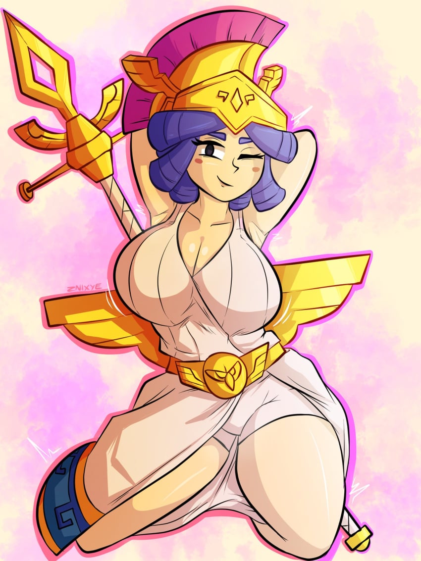 armpits athena athena_piper_(brawl_stars) big_ass big_thighs blue_hair bow_(weapon) brawl_stars fully_clothed goddess golden_belt golden_helmet greek_mythology hands_behind_head helmet huge_breasts piper_(brawl_stars) shorts showing_off slight_blush small_clothes white_shorts wink winking_at_viewer znixye