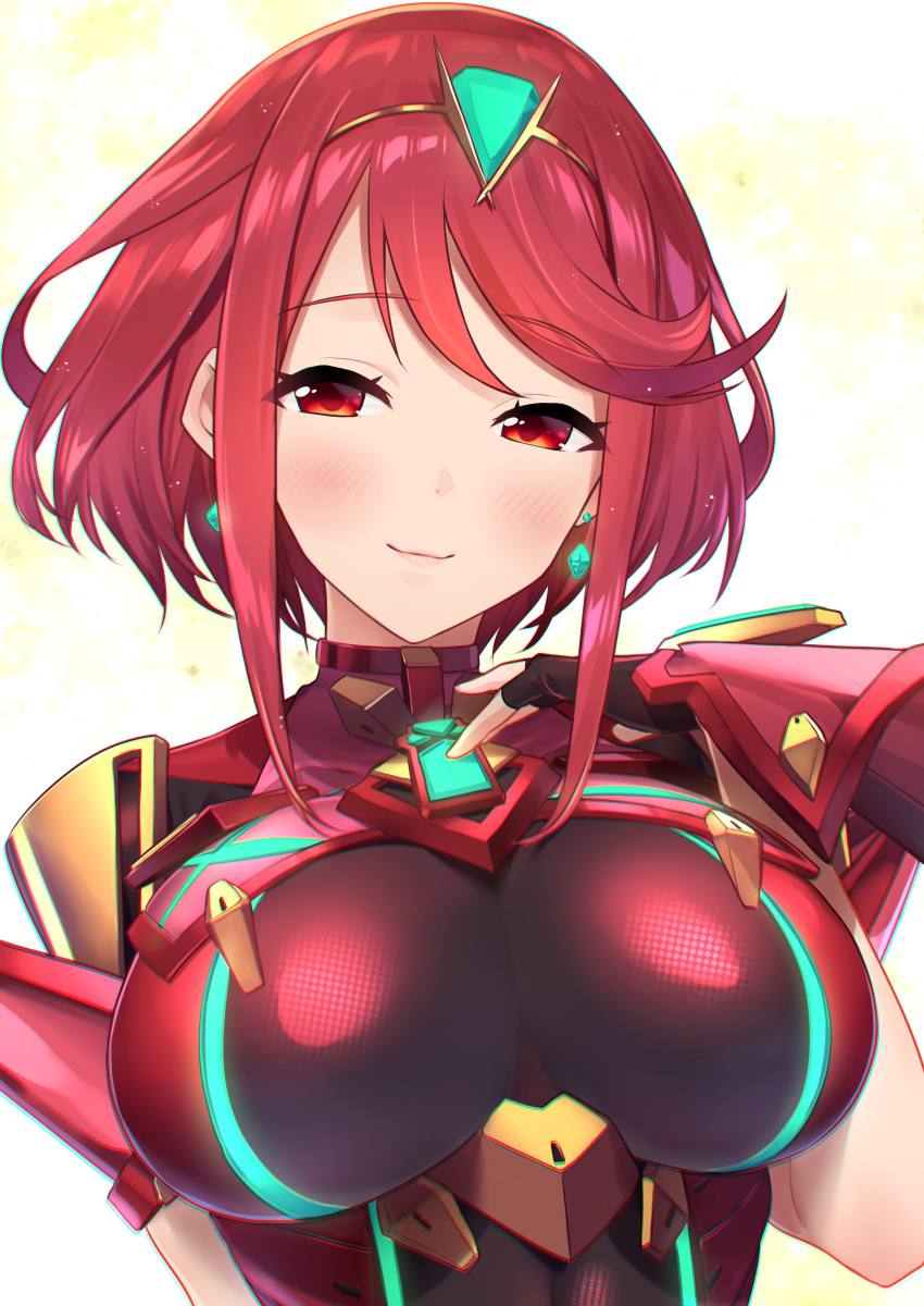 1girls baffu blush breasts female gloves large_breasts nintendo pyra red_eyes red_hair short_hair smile solo upper_body xenoblade_(series) xenoblade_chronicles_2