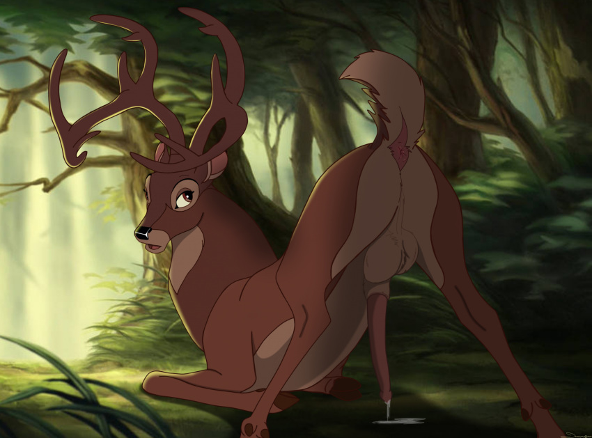 animal_genitalia animal_penis antlers anus ass backsack balls bambi_(film) big_balls bodily_fluids brown_body brown_eyes brown_fur cervine_genitalia cervine_penis cloven_hooves cum cum_drip deer disney dock_(anatomy) dripping feral feral_only forest fur genital_fluids genitals hi_res holidaypup hooves horn looking_back male mammal nature outside penis plant presenting presenting_hindquarters raised_tail solo tail the_great_prince_of_the_forest tree zoophilia