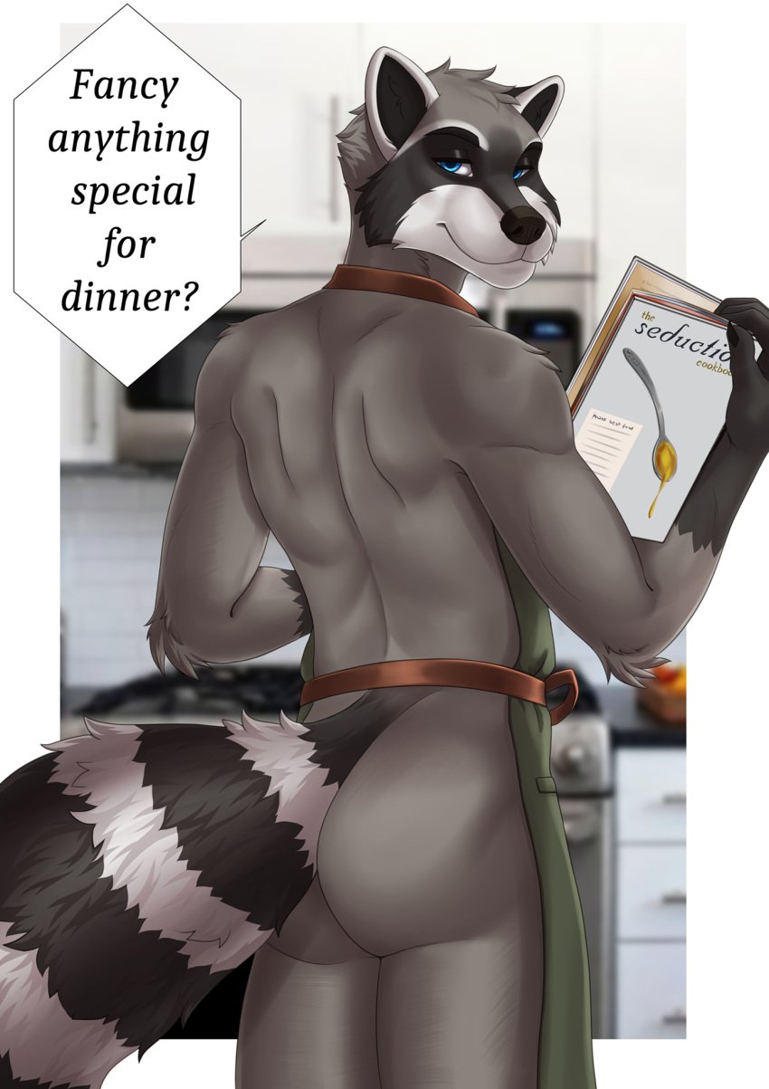 anthro apron apron_only ass azban blue_eyes clothing english_text hi_res kitchen looking_at_viewer looking_back magazine male mammal mostly_nude nude procyonid raccoon rear_view sajophoe solo speech_bubble suggestive_dialogue suggestive_look suggestive_pose text