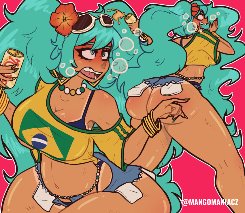 alcohol angry ass beads big_ass big_breasts big_butt big_thighs blue_eyes blue_hair bra bra_showing brazil brazilian brazilian_female brazilian_flag brazilian_miku breasts drunk female female_focus female_only flower flower_in_hair flushed flushed_face hatsune_miku intoxicated latin_american_hatsune_miku_(meme) long_hair mangomaniacz mean oil oiled short_shorts skinny sunglasses tan-skinned_female tan_body tan_lines tanned tanned_female tanned_skin teeth_bared teeth_showing thick_ass thick_butt thick_legs thick_thighs tummy vocaloid waist_beads white_sunglasses yellow_shirt