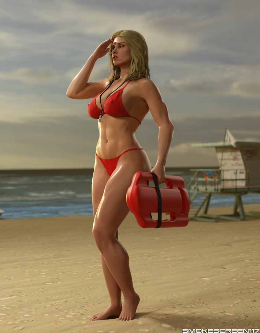 3d 3d_(artwork) abs athletic athletic_female beach bikini blonde_hair breasts lifeguard mature_female milf mortal_kombat mortal_kombat_11 muscular muscular_female pin-up smokescreen117 solo solo_female solo_focus sonya_blade