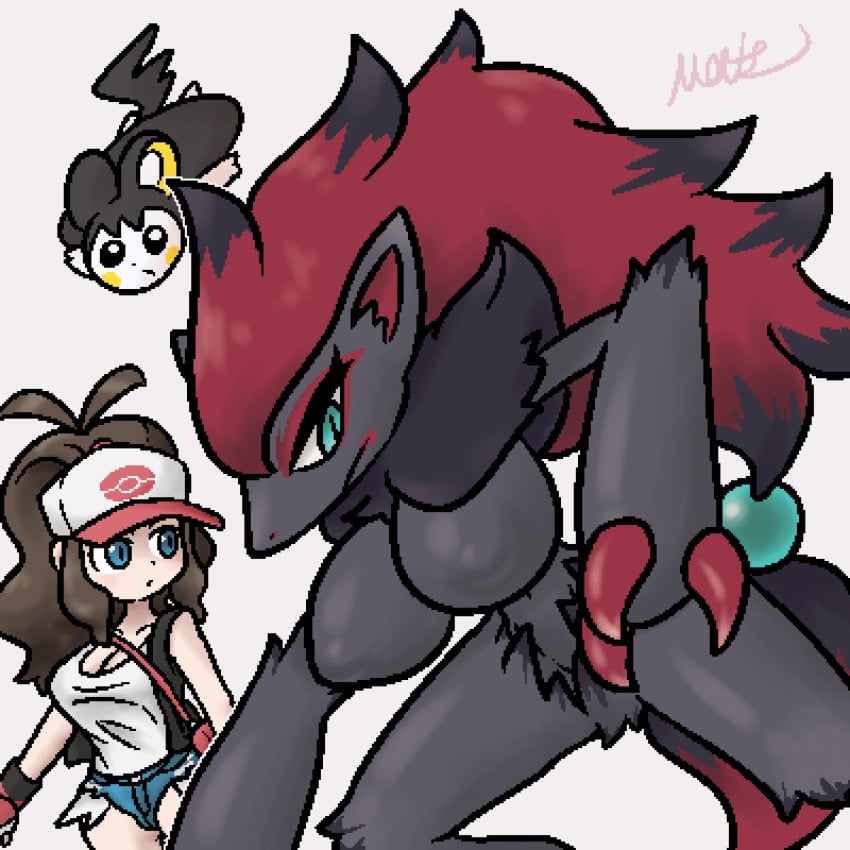 aged_up anthro breasts creatures_(company) emolga game_freak generation_5_pokemon hat hilda_(pokemon) matz_(pixiv) nintendo nipples pokemon pokemon_(species) pokemon_bw pokemon_trainer shorts zoroark