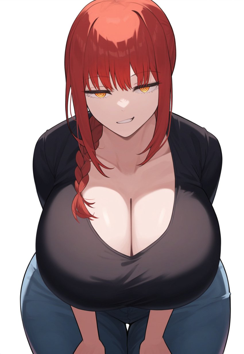 ai_generated bending_over breasts_bigger_than_head chainsaw_man hands_on_legs hanging_breasts huge_breasts jeans large_breasts leaning_forward lubbasdump makima_(chainsaw_man) mommy orange_eyes red_hair smirking tank_top wide_hips