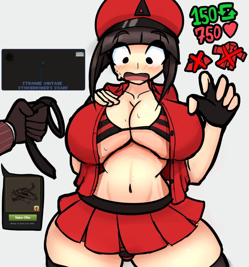 1girls big_breasts black_hair blush delta_(desiredelta) desiredelta female female_focus female_only half-dressed hat light_skin mary_(desiredelta) open_mouth original spy_(team_fortress_2) surprised team_fortress_2 thick_thighs twitter_strip_game_(meme) underwear