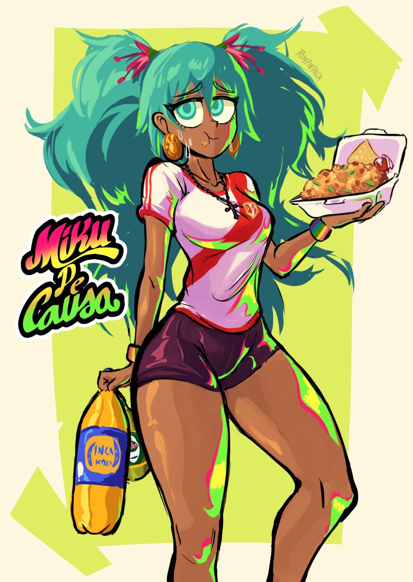 1girls asian_latina ass beer_bottle big_ass big_breasts big_thighs black_body breasts butt causa chaufa dark-skinned_female federacion_peruana_del_futbol female female_focus female_only hatsune_miku inca_kola latin_american_hatsune_miku_(meme) pe peruvian_clothes peruvian_female peruvian_miku pilsen_callo rimpinvaca shorts skirt soccer_uniform sweat sweatdrop sweating tagme thick_hips thick_thighs thighs vocaloid