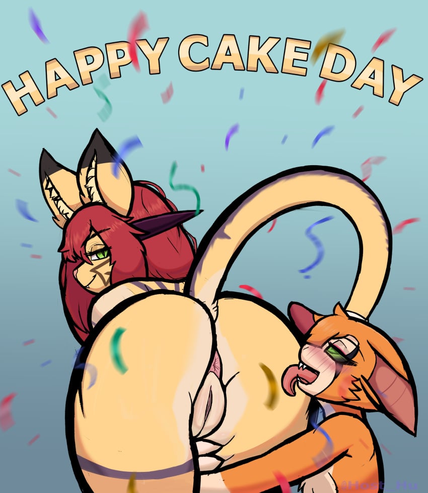 absurd_res anthro anus artist_name ass bat bent_over birthday black_sclera butt_lick confetti countershading crooked_tail digital_media_(artwork) domestic_cat duo dust:_an_elysian_tail eyebrow_through_hair eyebrows felid feline felis female female/female fidget_(elysian_tail) fur genitals green_eyes hair happy_birthday hi_res horn host_hu hug hugging_another hugging_butt inner_ear_fluff licking long_hair looking_at_viewer looking_back mammal markings nimbat orange_body orange_fur presenting presenting_hindquarters pupils pussy red_hair simple_background slit_pupils striped_markings stripes tail text tongue translucent translucent_hair tuft yawara_(kiu-wot) yellow_body yellow_fur