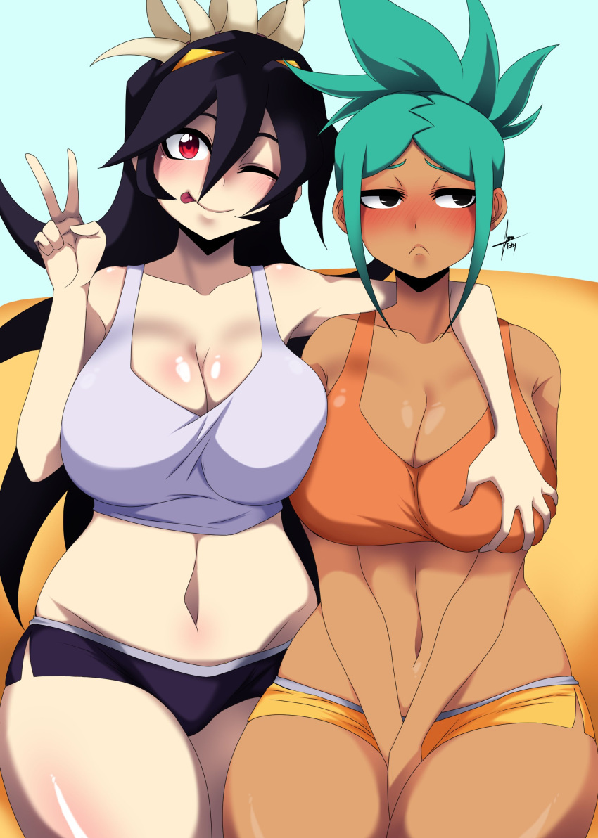 2girls big_breasts blush cerebella erect_nipples erection female filia_(skullgirls) grabbing_breasts multiple_girls nipples panties skullgirls squish thick_thighs thighs tobyllitos touching_breast