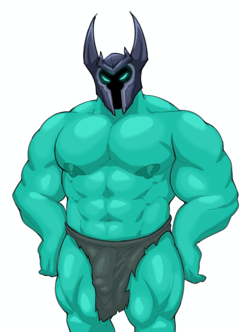 3:4 abs arkyhorny armor bara bottomwear bulge clothing detailed_bulge digital_drawing_(artwork) digital_media_(artwork) gay genital_outline headgear helmet hi_res league_of_legends loincloth male male_only mordekaiser muscular muscular_male nipples penis_outline riot_games simple_background standing tencent white_background