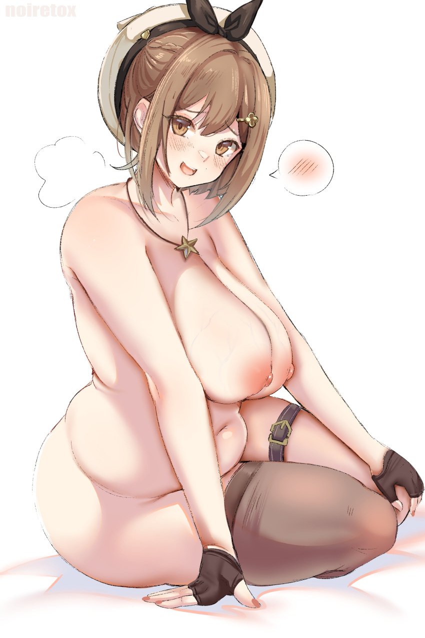 1girls atelier_(series) atelier_ryza beret big_breasts breasts brown_hair chubby chubby_female female functionally_nude hat large_breasts looking_at_viewer necklace nipples noiretox plump reisalin_stout short_hair solo thick_thighs thigh_strap veiny_breasts