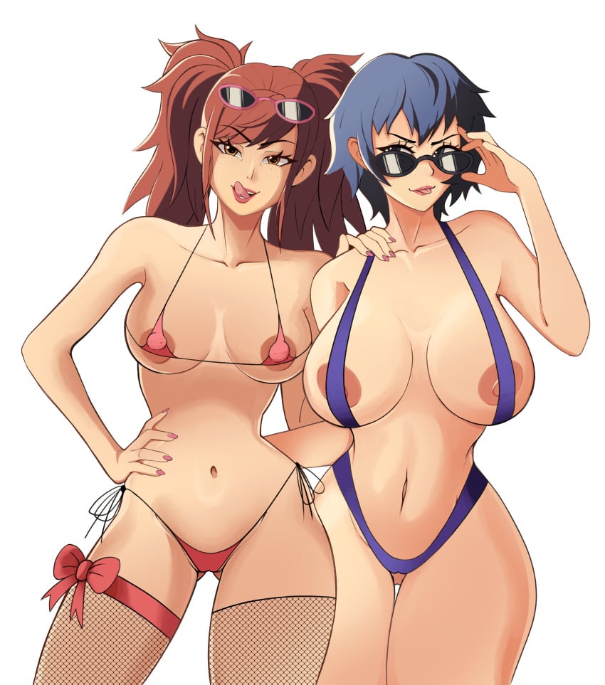 2girls aidancore alternate_costume alternate_version_available areola_slip areolae atlus big_breasts bikini bikini_bottom bikini_top bimbo black_eyes blue_bikini blue_hair bottomwear breasts brown_eyes brown_hair cleavage female female_only fishnet fishnet_legwear fishnets gyaru hair hand_on_hip hand_on_shoulder headwear hips hoop_earrings kujikawa_rise legwear lips micro_bikini nail_polish nails persona persona_4 pink_nail_polish pink_nails red_bikini ribbon shirogane_naoto short_hair skimpy skimpy_bikini slingshot_swimsuit sunglasses sunglasses_on_head swimwear thighs tomboy tongue tongue_out topwear twintails