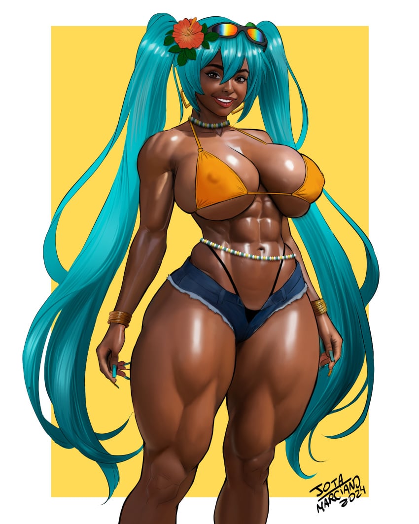 1girls 2024 abs artist_name athletic_female blue_hair brazil brazilian brazilian_female brazilian_miku dark-skinned_female dark_skin defined_muscles green_hair hatsune_miku huge_breasts jota_marciano latin_american_hatsune_miku_(meme) lipstick looking_back muscular muscular_female nipple_bulge realistic realistic_textures red_lipstick shorts tan_body tanned tanned_female tanned_skin thick_thighs toned toned_female twintails vocaloid