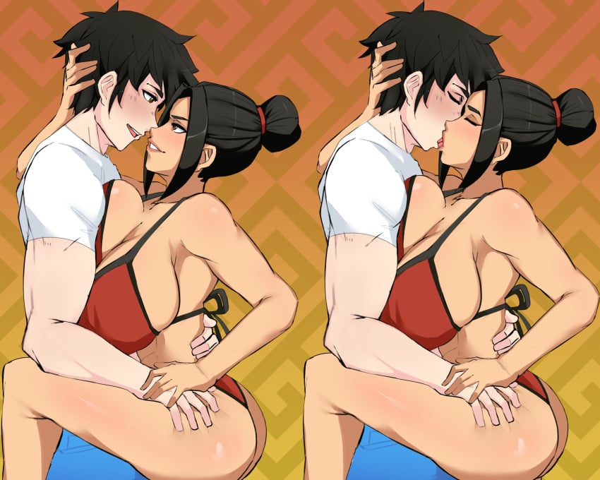 1boy 1girls artist_request ass_grab avatar_legends avatar_the_last_airbender azula back_grab big_breasts bikini breast_press breasts brother_and_sister busty caressing_head carrying_partner cleavage embrace female fire_nation french_kiss french_kissing fully_clothed happy imminent_sex incest jeans kissing large_breasts making_out male male/female partially_clothed pressed_against prince princess sideboob smile string_bikini swimsuit t-shirt tongue tongue_in_mouth tongue_kiss tongue_out zuko