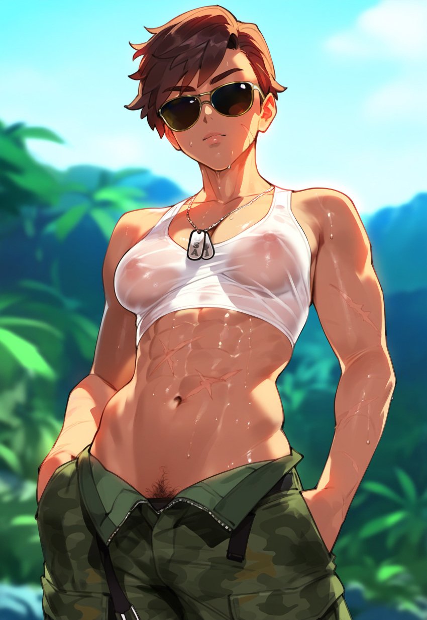 abs ai_generated army army_girl army_uniform aviator_sunglasses blurry_background brown_hair camouflage crop_top dog_tags female_only hands_in_pockets jagat_ai jungle looking_at_viewer military_uniform muscular muscular_female nipples nipples_visible_through_clothing original original_character pubic_hair pubic_hair_peek scar see-through see-through_clothing see-through_top short_hair solo solo_female sunglasses sweat sweatdrop sweating tanned tinted_eyewear tomboy unzipped_pants