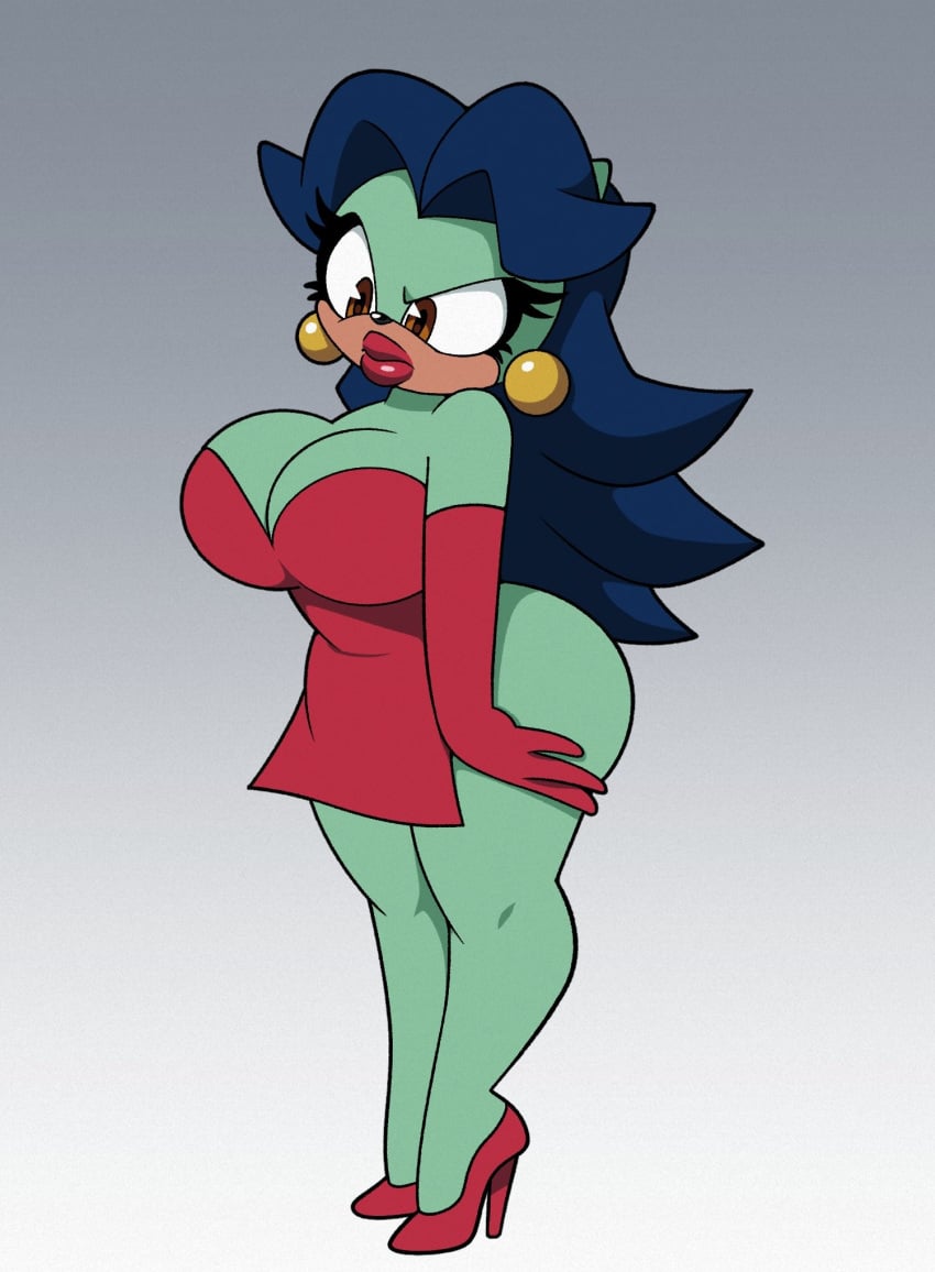 adventures_of_sonic_the_hedgehog big_ass big_breasts blue_hair breezie_the_hedgehog brown_eyes ear_piercing green_skin omegasunburst red_dress red_gloves red_heels red_lipstick sonic_(series) sonic_the_hedgehog_(series)