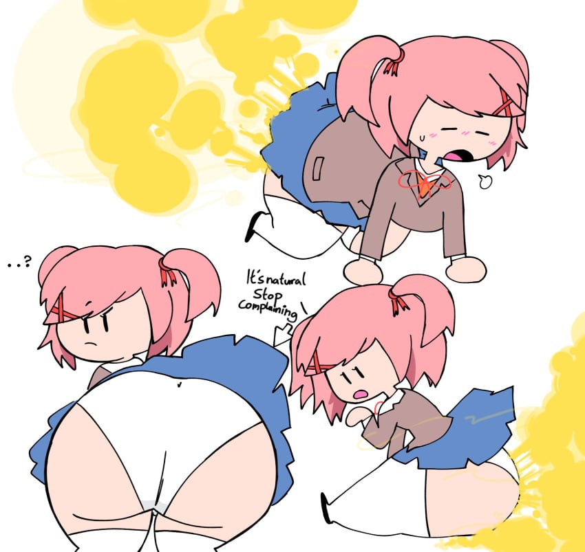 ..? big_ass blush cloverbugz doki_doki_literature_club english_text fart fart_cloud fart_fetish fat_ass natsuki_(doki_doki_literature_club) on_hands_and_knees sigh sighing simple_background thick_thighs upskirt wide_hips