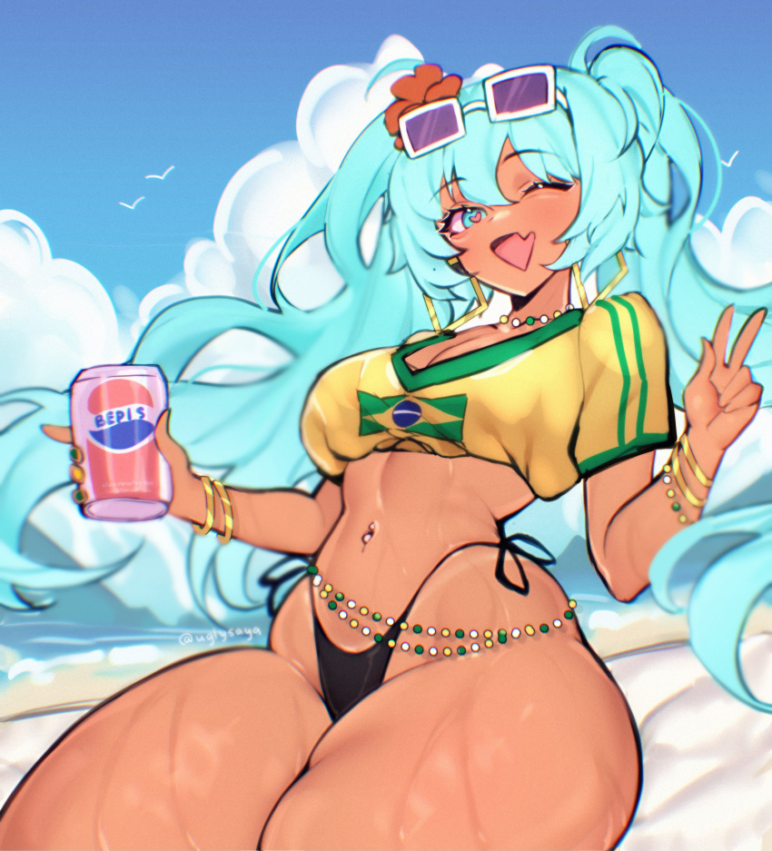 1girls ass big_ass big_thighs bikini brazil brazilian brazilian_female brazilian_miku breasts butt cyan_eyes cyan_hair female female_only gigantic_ass gigantic_thighs hatsune_miku huge_ass huge_thighs latin_american_hatsune_miku_(meme) long_hair looking_at_viewer medium_breasts shirt shorts solo sweat sweatdrop sweating tagme tan tan_body thick_hips thick_thighs thighs thong twintails uglysaya vocaloid yellow_shirt