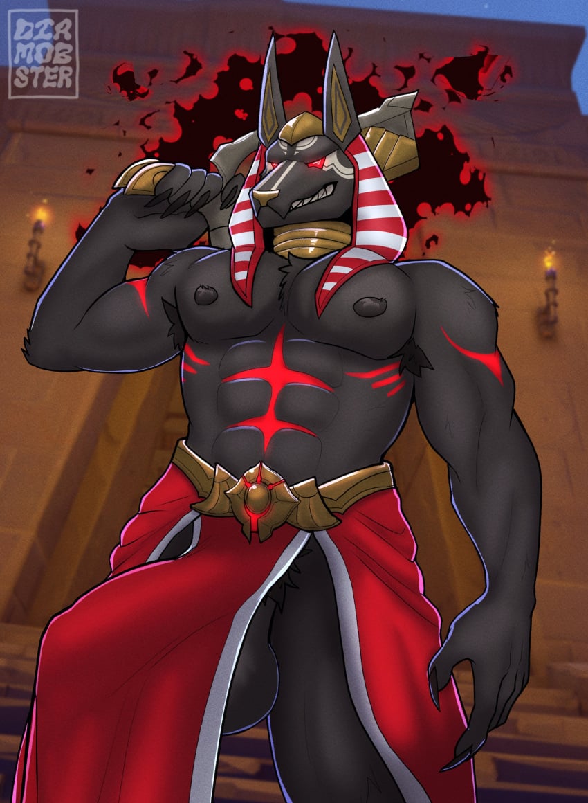 anubis anubis_reaper balls bara big_penis black_balls diamobster gay hi_res large_penis loincloth male_only muscular muscular_male overwatch overwatch_2 pecs reaper red_eyes simple_background solo_male