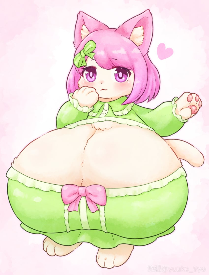 1girls animal_ears anthro big_breasts breasts_bigger_than_head cat_ears cat_girl cat_tail cleavage cute ear_tuft enormous_breasts female gigantic_breasts green_dress huge_breasts large_breasts massive_breasts only_female original original_character pink_bow pink_ears pink_hair purple_eyes shortstack small_but_busty solo tail two_tone_hair young yu_fox