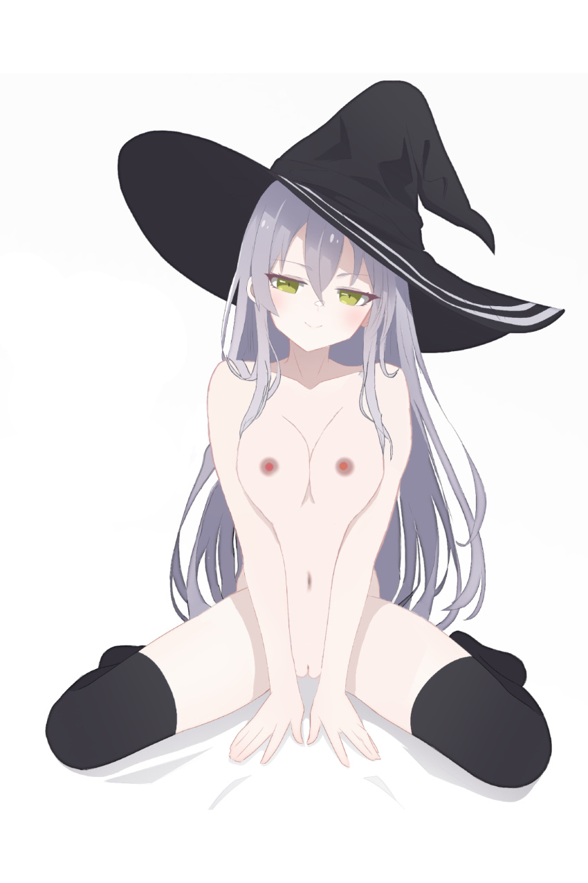 breasts female female_only naked pussy roblox sitting sol's_rng stella_(sol's_rng) stockings white_hair witch_hat yellow yellow_eyes