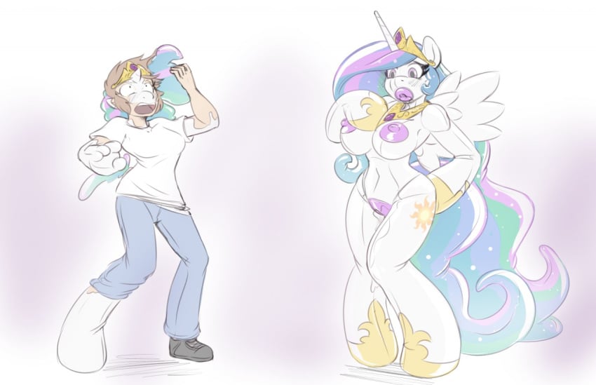 2017 alicorn animate_inanimate anthro big_breasts breasts clothing embarrassed equine female footwear friendship_is_magic hair helixjack horn jewelry long_hair mammal mostly_nude my_little_pony necklace nipples open_mouth pants princess_celestia_(mlp) pussy pussy_juice sex_doll sex_toy_transformation shirt shocked shoes simple_background solo standing transformation white_background wings