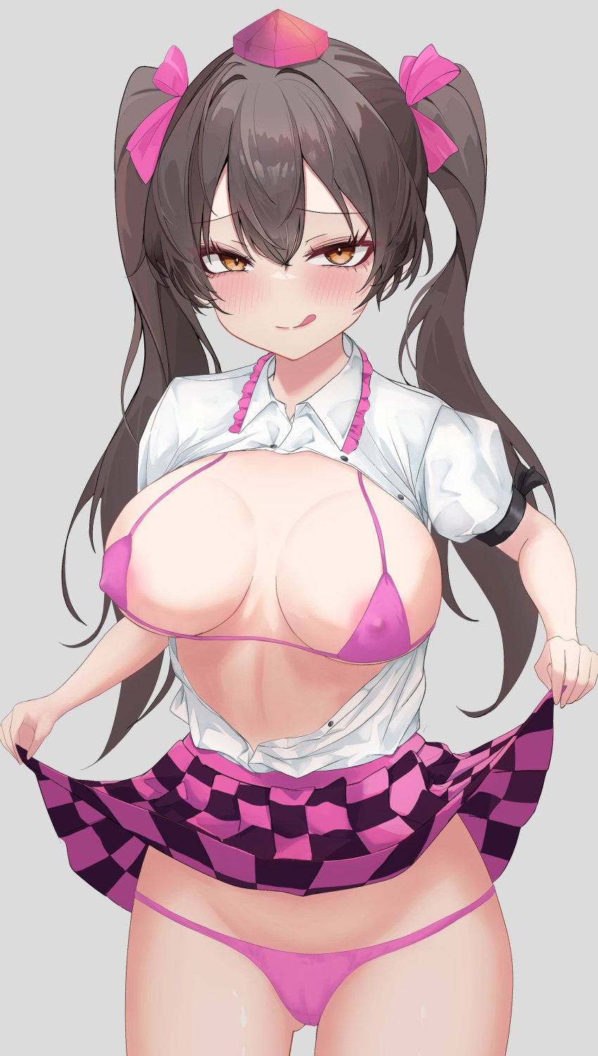 1girls 2d :q absurdres areola_slip blush bra brown_hair brunette cameltoe checkered_clothes checkered_skirt clothes_lift collared_shirt covered_erect_nipples eikawa_suru female grey_background hair_ornament hair_ribbon hat hatate_himekaidou highres himekaidou_hatate licking licking_lips lifting_own_clothes looking_at_viewer micro_bra open_clothes open_shirt panties pink_bra pink_panties puffy_short_sleeves purple_hat shirt simple_background skirt skirt_lift slave_handles smile solo source tengu tied_hair tokin_hat tongue tongue_out touhou twintails underwear white_shirt yellow_eyes