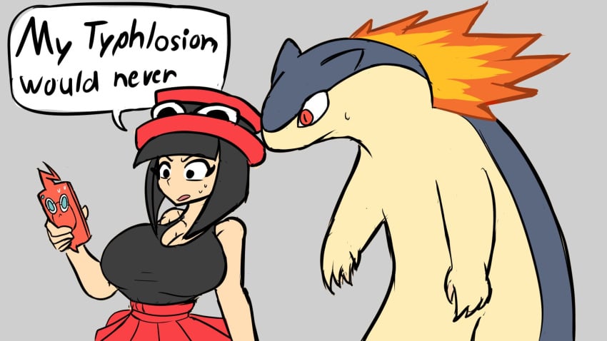 1girls 2024_pokemon_teraleak big_breasts black_hair delta_(desiredelta) desiredelta dialogue english english_text female female_focus full_body grey_background hat light_skin original pokemon sweat typhlosion