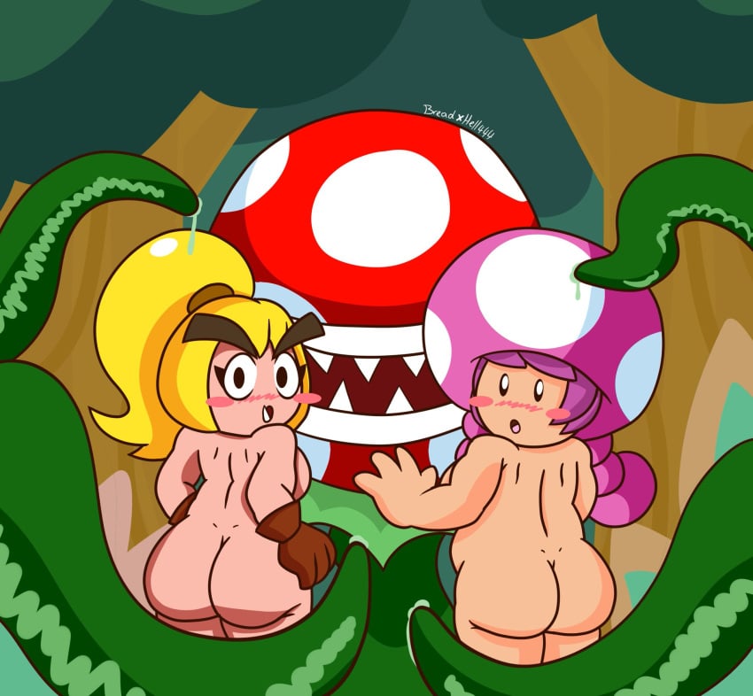 2girls ass ass_focus blonde_hair breadxhell444 breasts embarrassed goombella looking_at_viewer looking_back mario_(series) nintendo nude paper_mario:_the_thousand-year_door pink_hair tagme toadette