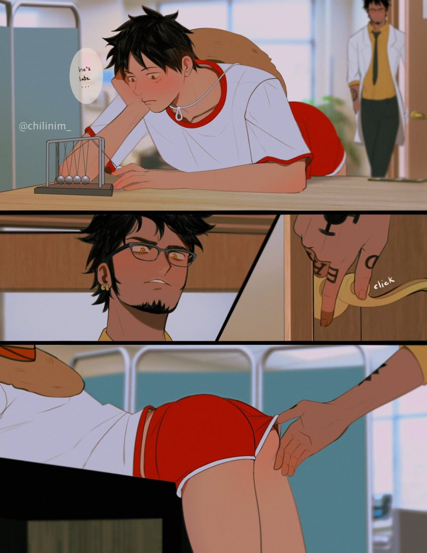 beard black_hair blush currynim door gay glasses hat male male_focus male_only monkey_d_luffy one_piece opening_door red_shorts shirt shorts skinny sugestive_pose suggestive touching trafalgar_law yaoi