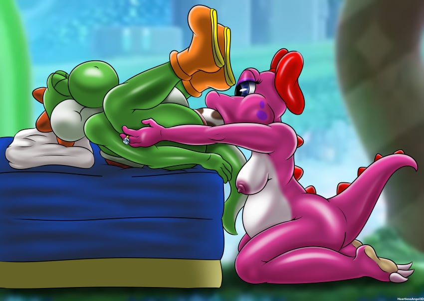 1boy 1girls absurd_res ambiguous_gender anthro bed belly big_belly birdo breasts claws closed_eyes clothing dinosaur duo egg egg_in_mouth egg_insertion female female/ambiguous footwear furniture green_body heartlessangel3d hi_res lying mario_(series) nintendo nipples on_back oviposition pillow pink_body pregnant prehistoric_species reptile ribbons ring scalie shoes spots toe_claws white_body yoshi