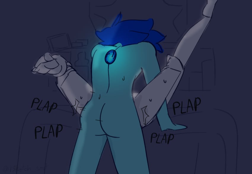 blue_hair blue_skin colored colored_sketch gem_(species) genital_fluids glowing_gem grabbing_legs isketch_smut labradorite_(isketch_smut) legs_up messy_hair missionary_position original_character pale-skinned_female pale_skin pearl_(steven_universe) sketch steven_universe sweat