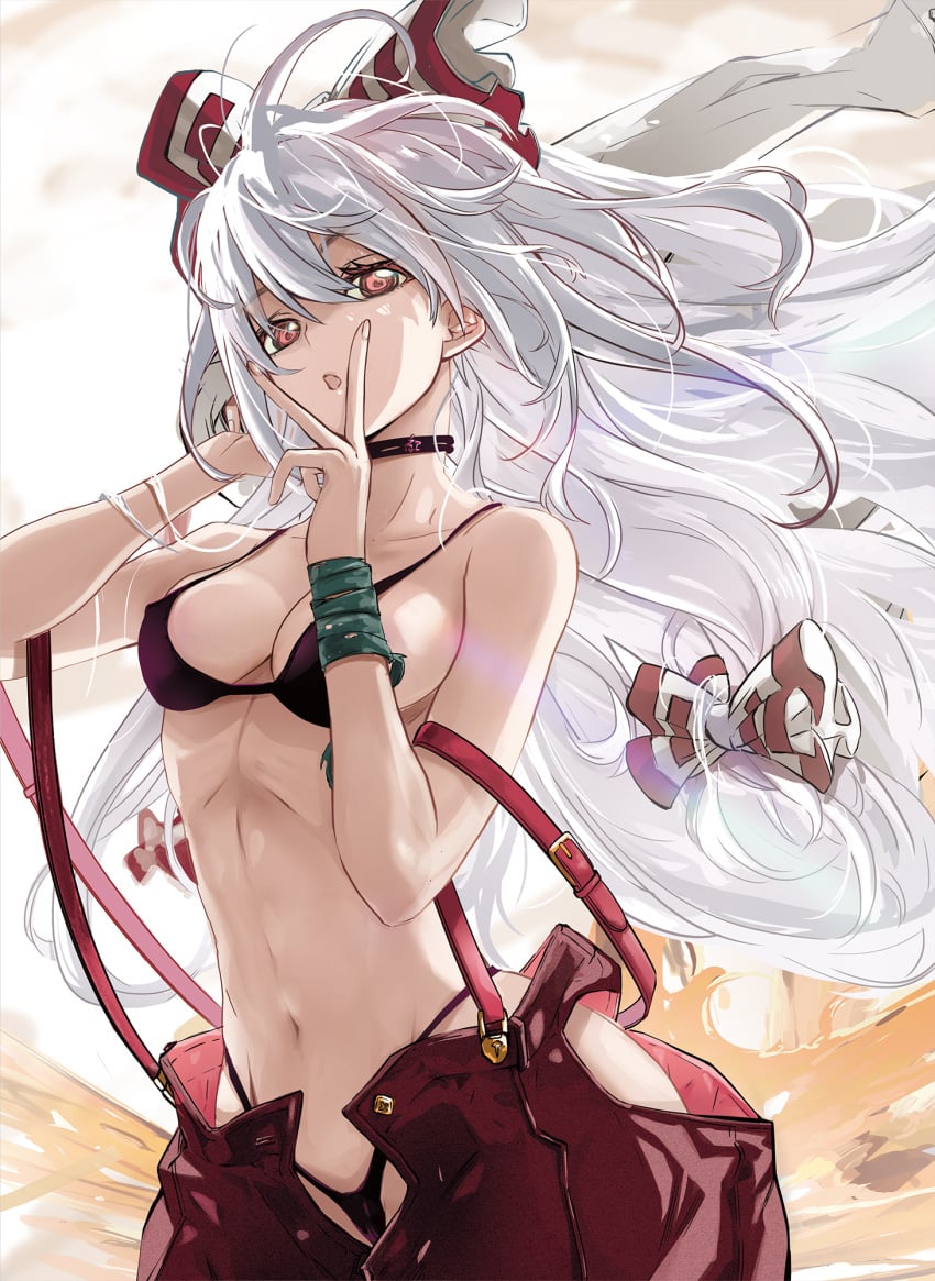 adapted_costume bare_shoulders bikini bikini_under_clothes black_bikini black_choker bow breasts choker collarbone colored_eyelashes commentary covered_erect_nipples cowboy_shot curvy eyelashes female fire floating_hair fujiwara_no_mokou hair_between_eyes hairbow hand_in_own_hair hands_up highres l.f. long_hair looking_at_viewer medium_breasts micro_bikini midriff navel open_mouth pants red_bow red_eyes red_pants simple_background solo stomach striped_bow suspenders swimsuit touhou v v_over_mouth very_long_hair white_background white_bow white_hair