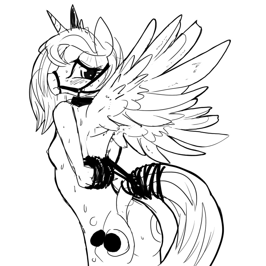 1:1 2014 absurd_res alicorn anthro anthrofied ass biped black_and_white blush bodily_fluids bondage bondage bound breasts bridle crown cutie_mark equid equine feathered_wings feathers female friendship_is_magic hair hands_behind_back hasbro headgear hi_res hornmammal mirapony monochrome my_little_pony mythological_creature mythological_equine mythology nipples nude princess_luna_(mlp) raised side_boob simple_background solo standing submissive submissive_female sweat tail tail_rope white_background wings