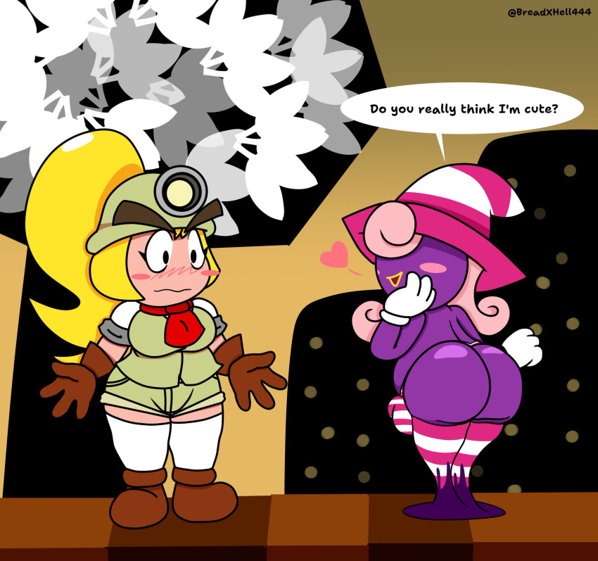 1futa 1girls ass blonde_hair blush breadxhell444 bulge chubby clothed english_text female futanari goombella mario_(series) nintendo paper_mario paper_mario:_the_thousand-year_door pink_hair purple_body tagme text vivian_(paper_mario)