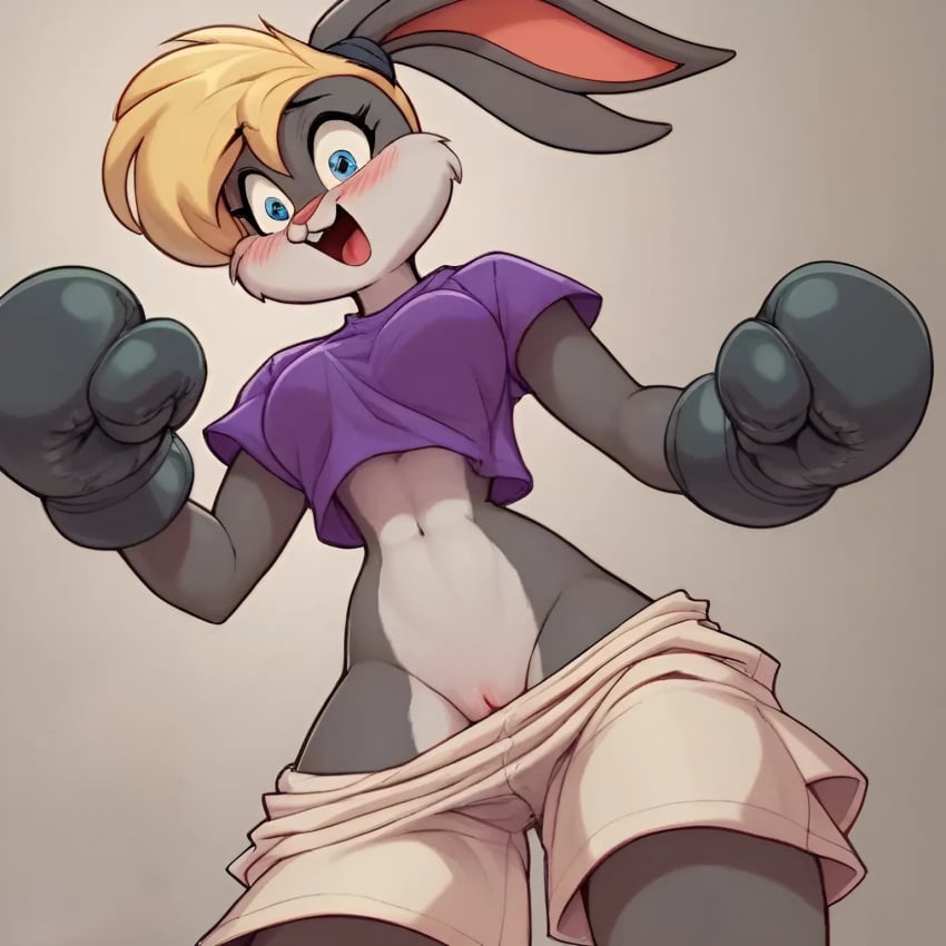 1girls ai_generated anthro blonde_hair blush boxing_gloves embarrassed female female_only grey_fur open_mouth pussy rabbit rabbit_humanoid scalieton self_upload shorts shorts_down surprised surprised_expression wardrobe_malfunction