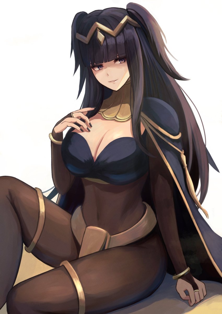 1girls black_cape black_hair black_nails blunt_bangs bodystocking breasts bridal_gauntlets cape cleavage clothed female female_only fire_emblem fire_emblem_awakening gold_trim highres jewelry labebebe_lee large_breasts long_hair nintendo parted_lips simple_background smile solo tharja_(fire_emblem) thighlet tiara two_side_up white_background