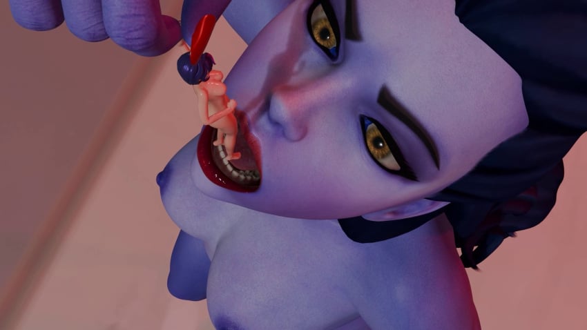 2girls 3d breasts female female_pred female_prey giantess imminent_vore juno_(overwatch) macro micro mistawanka nipples overwatch overwatch_2 vore widowmaker