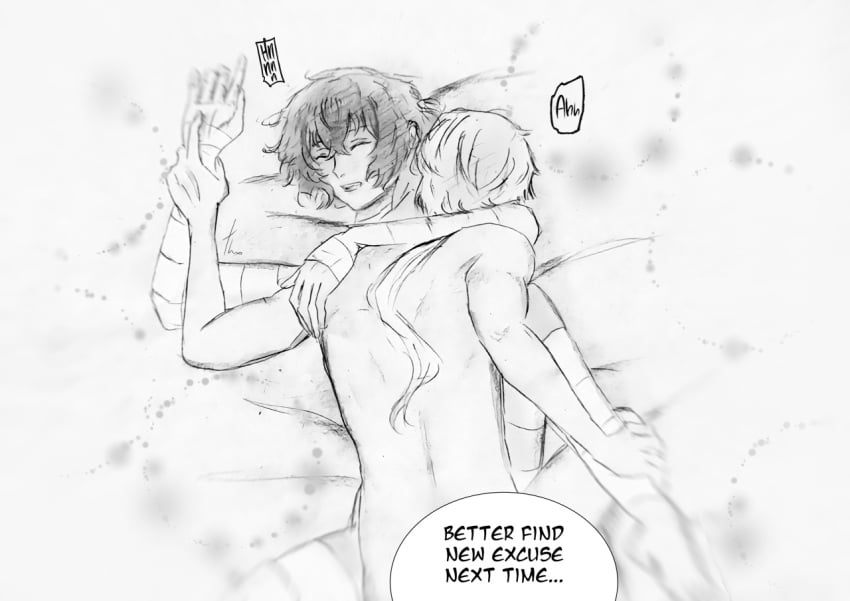 2boys 2males a4th bandage bandaged_arm bandaged_arms bandages bottom_dazai boy boy_on_boy bsd bungo_stray_dogs bungou_stray_dogs censored_ass closed_eyes dark_hair dazai_osamu dialogue doppo_kunikida english_text grayscale greyscale kissing_neck kunikida_doppo kunizai light_hair male male/male male_focus male_only male_penetrated male_penetrating male_penetrating_male missionary missionary_position missionary_sex naked naked_male neck_kiss nude nude_male nude_male_nude_male osamu_dazai ponytail ponytail_male sex short_hair short_hair_male speech_bubble speech_bubble_censor