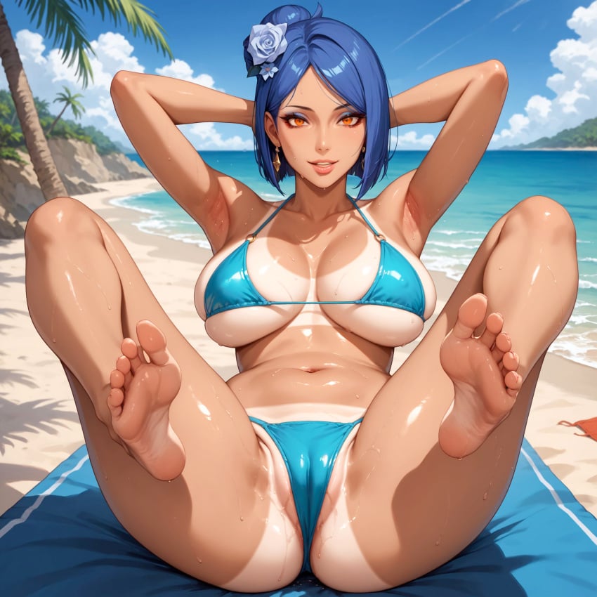 1girls ai_generated alex-schura armpits arms_behind_head ass bangs bare_shoulders barefoot beach bikini blue_bikini blue_hair blue_sky blue_swimsuit blush boruto:_naruto_next_generations breasts brown_eyes cameltoe cleavage clothing cloud curvaceous curvaceous_female curvaceous_figure curvy curvy_figure day earrings feet female female_focus female_only flower hair_bun hair_flower hair_ornament inviting inviting_to_sex jewelry konan large_breasts legs legs_up light-skinned_female lips looking_at_viewer lying mole naruto naruto_shippuden navel ocean orange_eyes outdoors palm_tree partially_visible_vulva presenting presenting_anus presenting_ass presenting_breasts presenting_hindquarters presenting_pussy sand seductive seductive_look seductive_smile shiny shiny_skin short_hair single_hair_bun sitting sky smile soles solo spread_legs sweat swimsuit tan_skin tanline tanned tanned_female tanned_skin thighs toes tree voluptuous voluptuous_female water wet yellow_eyes