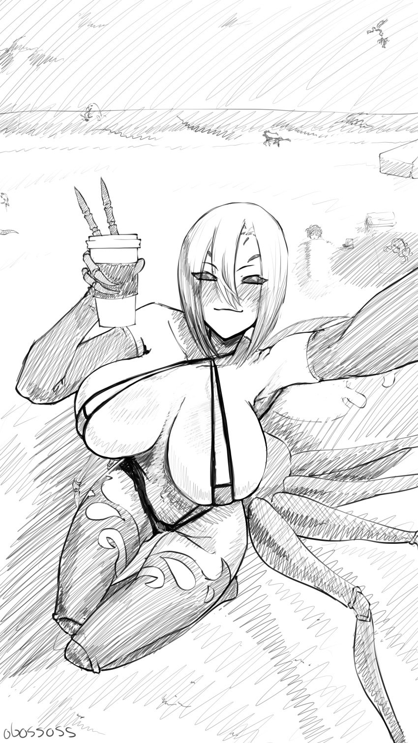 artist_name beach big_breasts bikini black_and_white blush breasts camera_pov camera_view centorea_shianus character_in_background female_focus holding_drink holding_object kimihito_kurusu lala_(monster_musume) looking_at_camera looking_at_viewer meroune_lorelei monochrome monster monster_girl monster_musume_no_iru_nichijou multi_eye multiple_girls obossnoss outdoors outside papi_(monster_musume) rachnera_arachnera revealing_clothes selfie selfie_pose sketch skimpy skimpy_clothes sling_bikini solo_focus spider spider_girl swimsuit