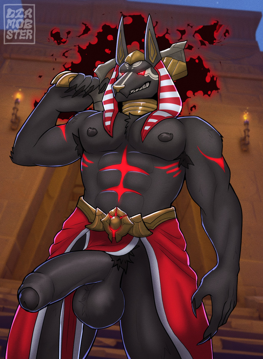 anubis anubis_reaper balls bara big_penis black_balls diamobster gay hi_res large_penis loincloth loincloth_aside male_only muscular muscular_male overwatch overwatch_2 pecs reaper red_eyes simple_background solo_male