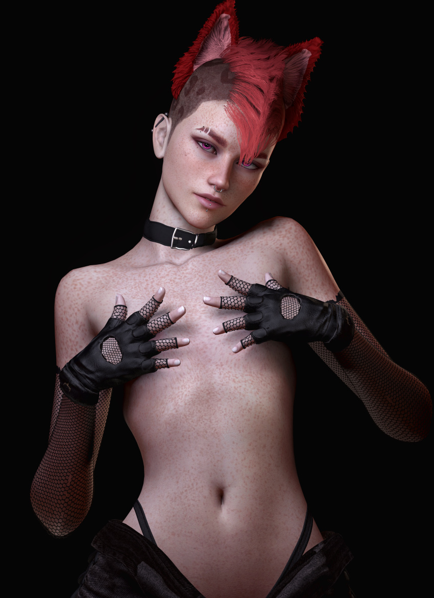 aldtecaia arrogant athletic_female collar eye_contact fox_ears freckles gloves hands_covering_breasts noxxyboy pants_down piercing piercings pink_eyes pink_hair red_eyes red_fur red_hair red_hair tomboy tomboytoy tulpa