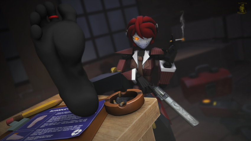 ambassador_(team_fortress_2) blueprint cigarette cigarette_smoke engraving evil_smile feet_on_table foot_fetish foot_focus glowing_eyes gun red_hair revolver robot_girl scorch_dreamer smoking team_fortress_2 tf2 toe_ring valve