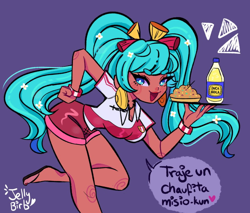 asian_latina causa chaufa clothing dark-skinned_female dark_skin federacion_peruana_del_futbol hatsune_miku inca_kola jellybirb latin_american_hatsune_miku_(meme) lipstick pe peruvian peruvian_clothes peruvian_female peruvian_miku red_lipstick sandals shorts soccer_uniform tagme vocaloid