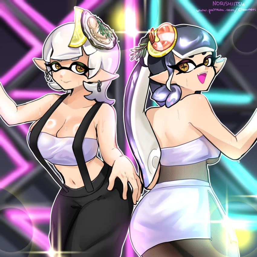 2girls alternate_costume black_hair breasts callie_(splatoon) callie_(summer_nights) cleavage grey_hair inkling inkling_girl long_hair looking_at_viewer marie_(splatoon) marie_(summer_nights) navel norishiitsu official_alternate_costume pointy_ears short_hair skirt splatfest splatoon splatoon_(series) splatoon_3 summer_nights_splatfest suspension sweat tentacle tentacle_hair