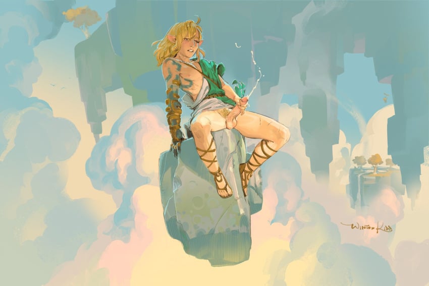 1boy archaic_set_(zelda) arm_tattoo big_penis bishounen blonde_hair body_markings closed_eyes cloud commentary cum ejaculation english_commentary floating_island floating_rock highres hylian light-skinned_male light_skin link link_(tears_of_the_kingdom) male male_focus male_masturbation male_only male_pubic_hair masturbation medium_hair midair penis pointy_ears pretty_boy projectile_cum pubic_hair sandals sitting solo spread_legs tattoo tears_of_the_kingdom teeth the_legend_of_zelda the_legend_of_zelda:_tears_of_the_kingdom toga twink upper_teeth_only wintonkidd