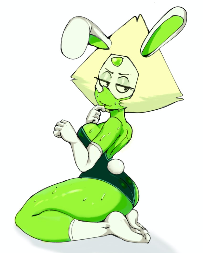 1girls ass bare_shoulders big_ass bunny_ears bunny_tail bunnysuit elbow_gloves fake_animal_ears gem_(species) gloves half-closed_eyes kashink7 kneehighs leotard medium_breasts on_knees peridot_(steven_universe) petite side_view socks solo steven_universe strapless sweating thick_thighs thighs white_background white_gloves